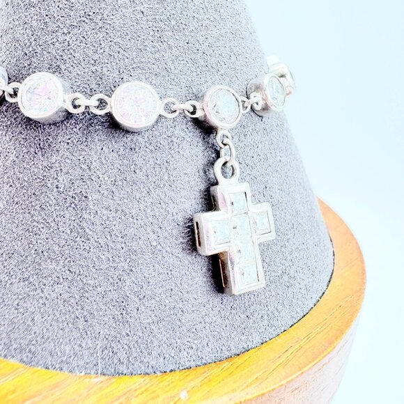VTG Sterling Silver 925 Cubic Zirconia Cross Chain Bracelet Size 7" Length - Picture 5 of 13